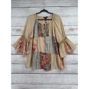 Young Threads Patchwork Embroidered Blouse Womens L Latte Brown 3/4 Sleeve NEW
